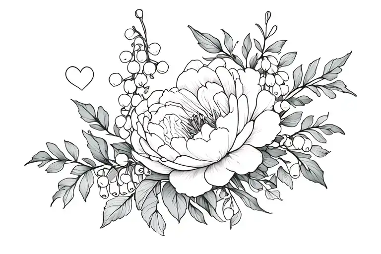Feminine delicate tattoo with peonies, lily of the valley, hearts, Friday and 3:00. tattoo design idea