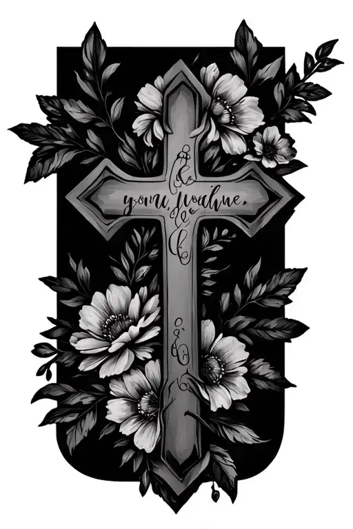 florals, cross, and quote tattoo design idea