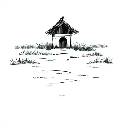 little hut in a middle of rice field surrounded tattoo design idea