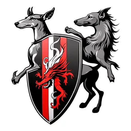 Shield with greyhound on, Lion appearing top right of shield,Deer appearing bottom left of shield,Red dragon appearing f tattoo design idea