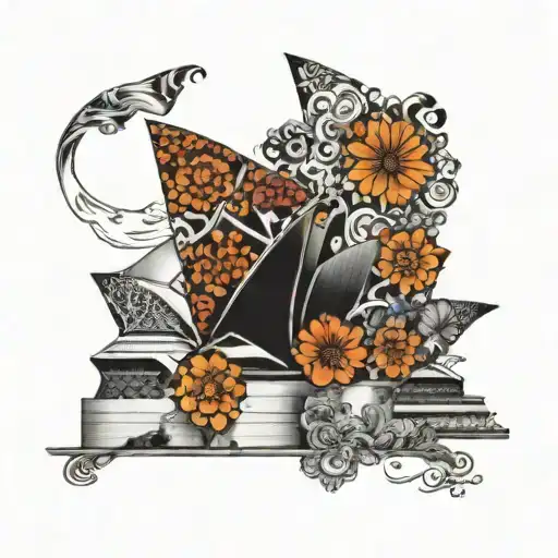 side view of black and white sydney opera house with colored aboriginal flowers tattoo design idea