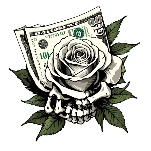 skeleton fingers with 100 dollar bill rose tattoo design idea