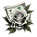 skeleton fingers with 100 dollar bill rose tattoo design idea