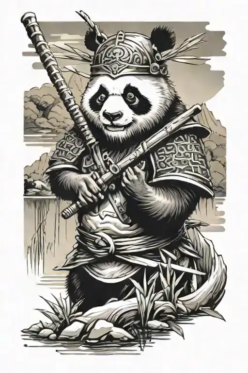 panda in samurai helmet holding a katana  with half a wing by a river with bamboo shoot nearby tattoo design idea
