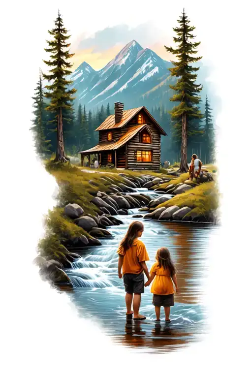 cabin in the mountains with a stream with family father daughter daughter son mother  tattoo design idea