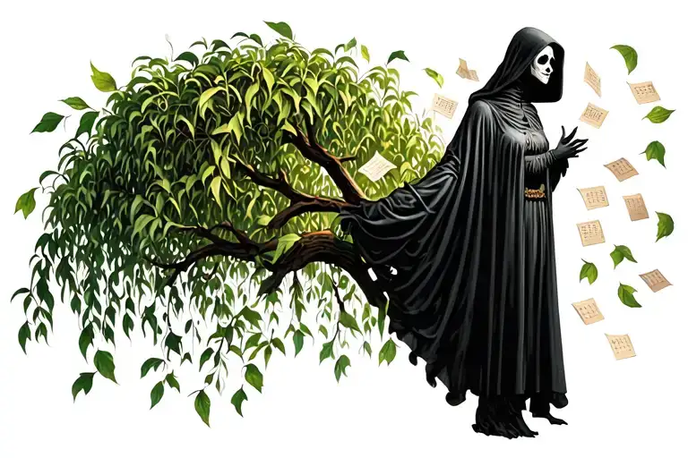 female grim reaper with calendar pages flying away turning into leaves from a standing willow tree blowing with the wind tattoo design idea