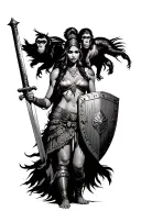 amazonian warrior woman with monkey on shoulder holding with sword and shield tattoo design idea
