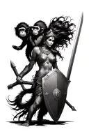 amazonian warrior woman with monkey on shoulder holding with sword and shield tattoo design idea