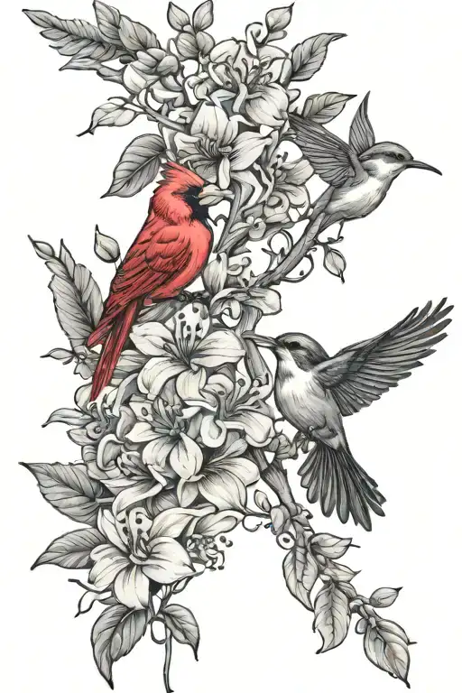 honeysuckle vines with various flowers with red cardinal and hummingbirds  tattoo design idea