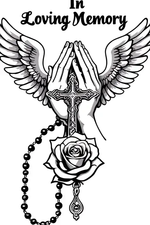 "In Loving Memory" Praying Hands, Rosary beads intertwined with cross, Wings, Realism, Rose tattoo design idea