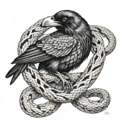 raven and snake wrapped together tattoo design idea