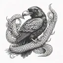 raven and snake wrapped together tattoo design idea
