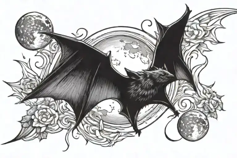 bat flying towards moon tattoo design idea