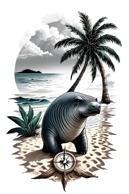 beach compass manatee sand palm tree tattoo design idea