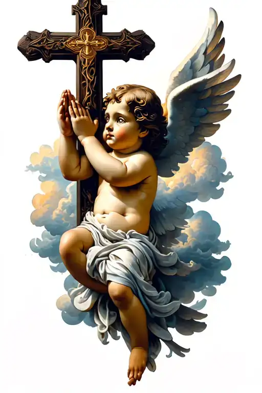 cherub praying with cross  and clouds intertwined tattoo design idea