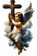 cherub praying with cross  and clouds intertwined tattoo design idea