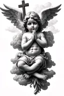 cherub praying with cross  and clouds intertwined tattoo design idea
