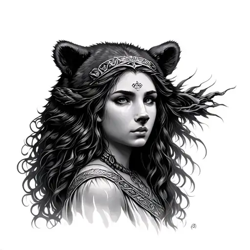 Druid woman face with bear head tattoo design idea