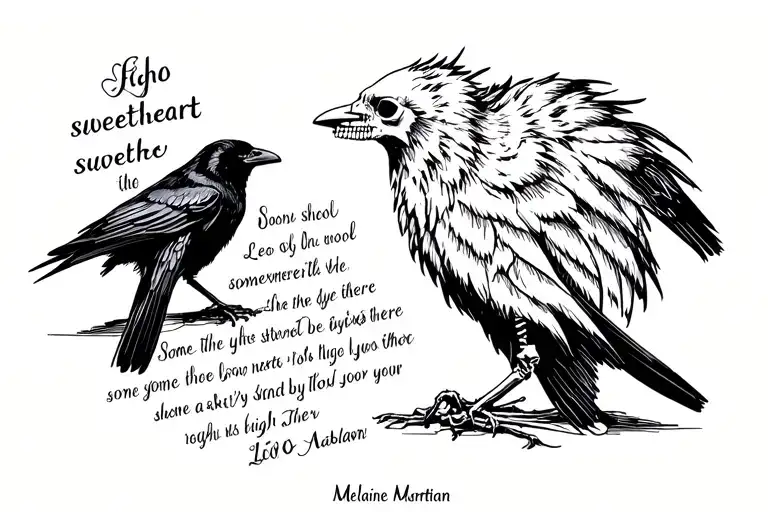 A crow, some skeletons, a Leo somewhere in there some musical lyrics from high school sweethearts by Melanie Martinez tattoo design idea