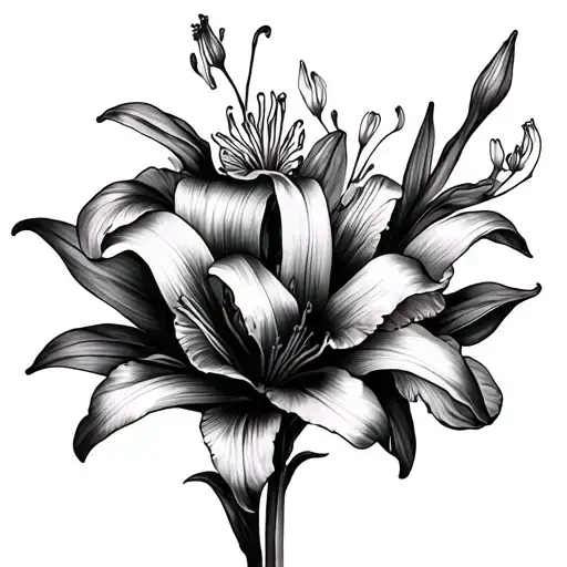 "Emily  Isla  Ava" lily, iris flower, narcissus flower intertwined tattoo design idea