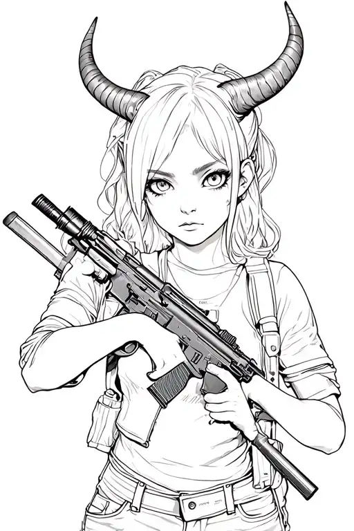 a girl from the game pubg with horns on her head, an insolent look in her hands, holding an m16 machine gun in detail tattoo design idea