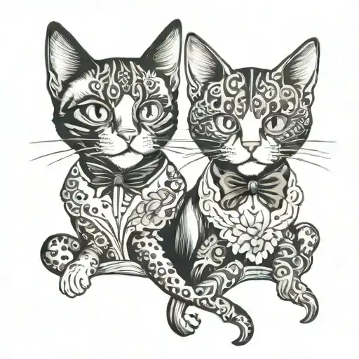 matching sister cat tattoos with black and tuxedo cat  tattoo design idea