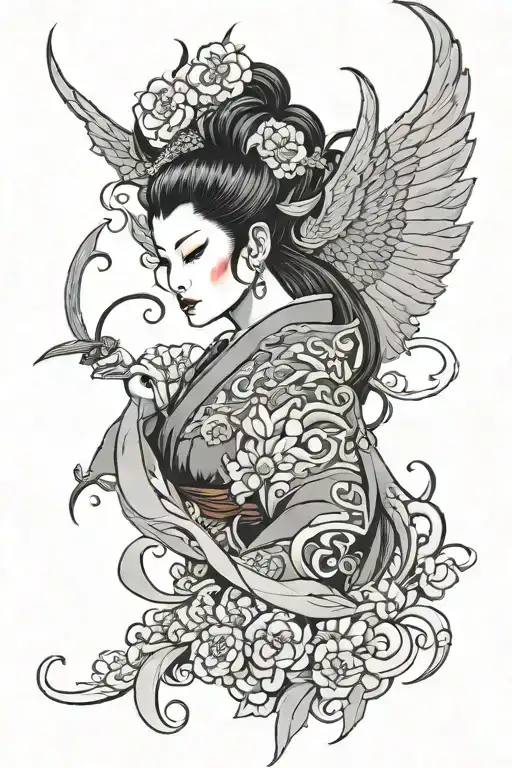 Geisha devil wings color tattoo tattoo design idea