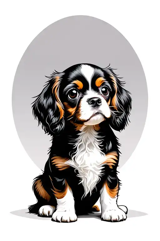 Can you create a greyscale caricature of a seated blenheim cavalier king charles spaniel, looking up with big eyes? tattoo design idea