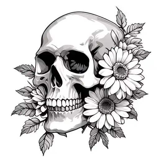pretty floral chrysanthemums and skull soft shading tattoo design idea
