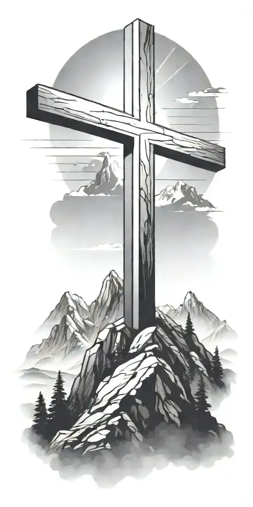 christian cross summit of a mountain landscape ray of sunshine, hyper realistic portrait of Jesus Christ,  tattoo design idea