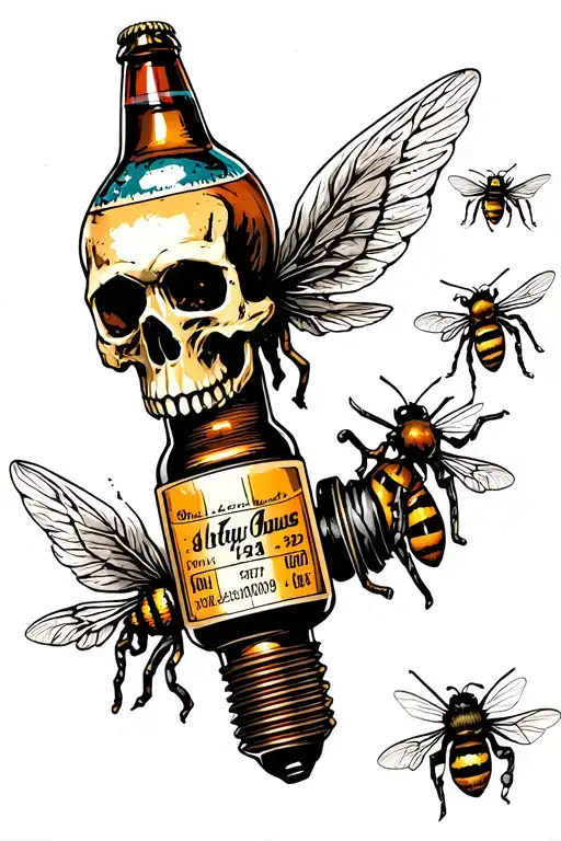 motorcycle spark plug, a skull, several dates for the birth and death anniversaries of my children, bees, a beer bottle  tattoo design idea