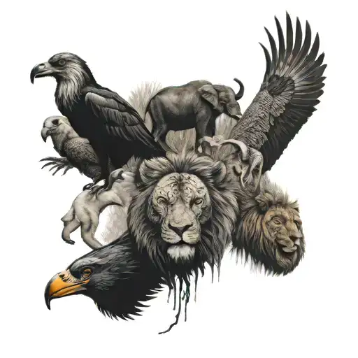 One picture with all these animals Dolphin, elephant, scorpion, buffalo, bear, lion, wolf, orca Eagle butterfly, raven tattoo design idea