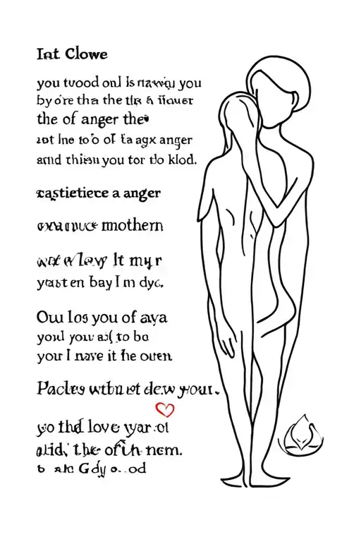 A man in love with his mother with some English texts about patience and anger and some symbols of the existence of God. tattoo design idea
