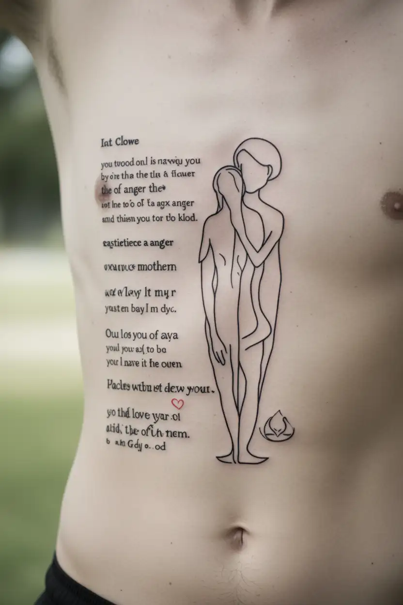 A man in love with his mother with some English texts about patience and anger and some symbols of the existence of God. tattoo design idea