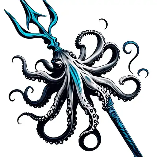 A trident with blue ring octopus tentacles running up the shaft. Black and white realistic style, but with the blue ring tattoo design idea