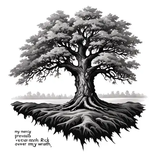 Create tattoo image with the tree from walking where Rick says “my mercy prevails over my wrath” and include the quote  tattoo design idea
