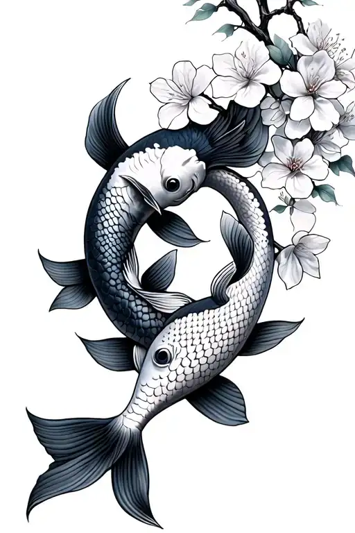 2 koi fish and cherry blossoms wrapped tattoo design idea