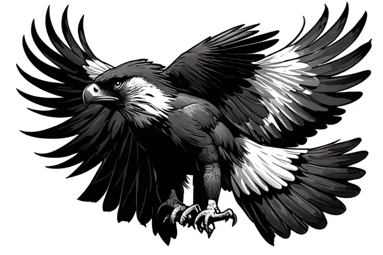 upper thigh tat of an all black hawk soaring tattoo design idea