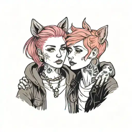lesbian couple one short and one tall; one is ginger and one has pink hair. the one with pink hair has dog ears tattoo design idea