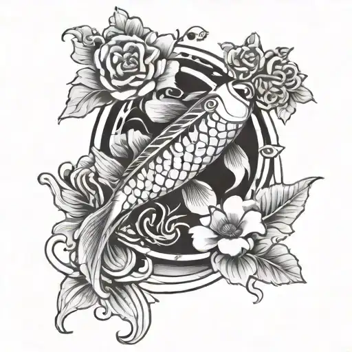 koi fish with flowers and a Christian cross scene tattoo design idea
