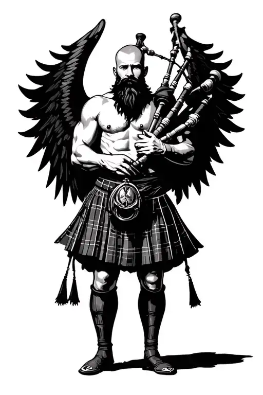 shirtless muscular bagpiper bald black beard playing bagpipes huge black wings black background tattoo design idea