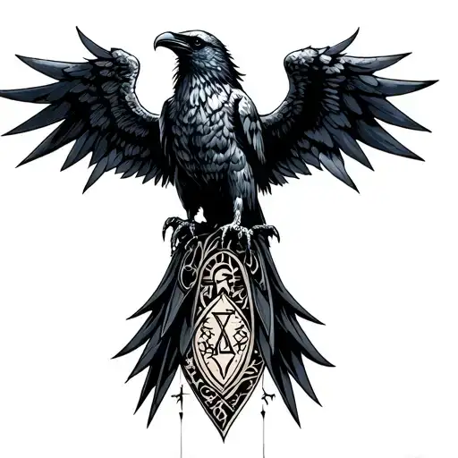 Chest Peice Gothic Norse Raven With Wings Spred Out Under Neck On Chest  , With Runes.  tattoo design idea