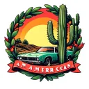 Americana cactus with sunset and racing style wreath wrapped around the boarder tattoo design idea
