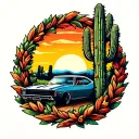 Americana cactus with sunset and racing style wreath wrapped around the boarder tattoo design idea