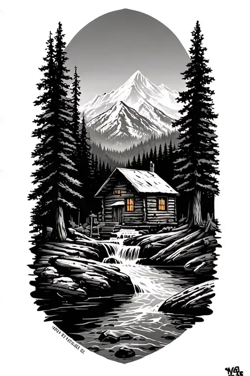 forest mountain log cabin river tattoo design idea