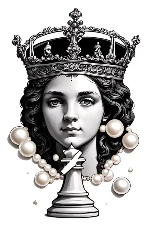 queen chess piece featuring a croos and pearls tattoo design idea