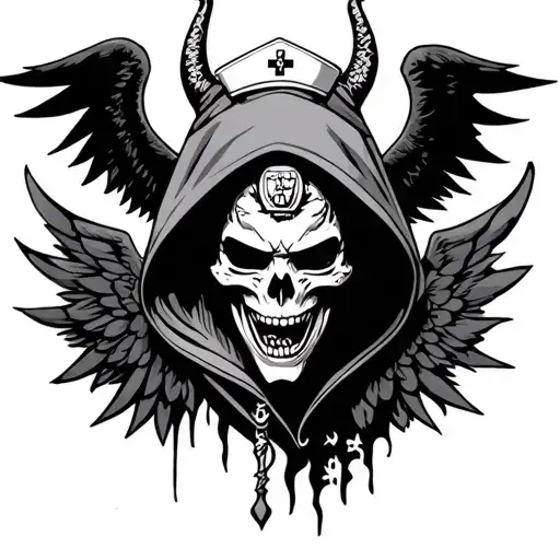Angel of death, hooded japanese demon mask, Nurse, police officer, tribal, success and pain tattoo design idea