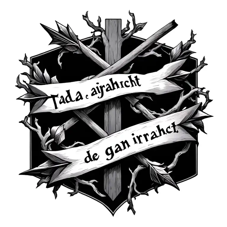 two cross arrows wrapped in vines with the quote tada gan irracht tattoo design idea