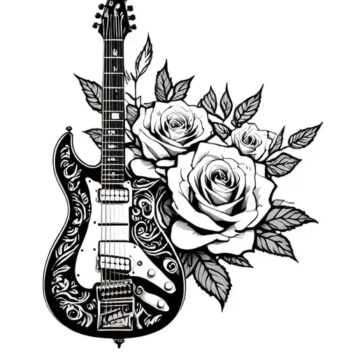 base guitar intertwined with roses intertwined tattoo design idea