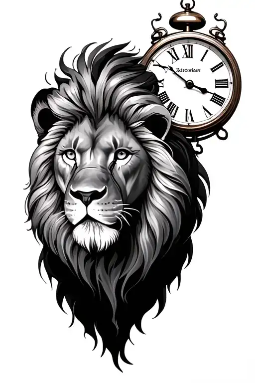 lion and clocks tattoo design idea